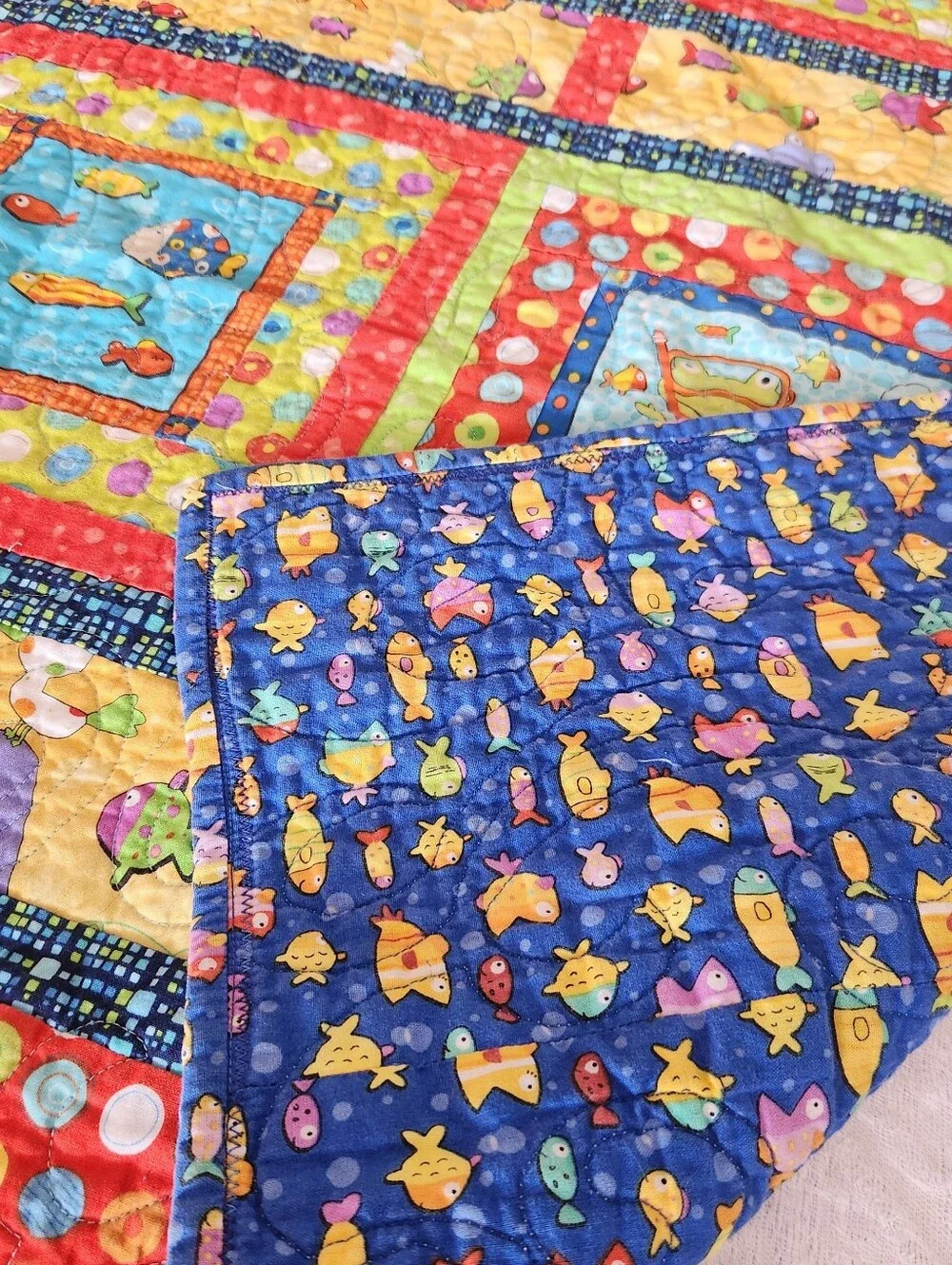 HANDMADE Patchwork Quilt Twin Yellow Kids Cotton Bedding Fish Sail Boat 40 x 70